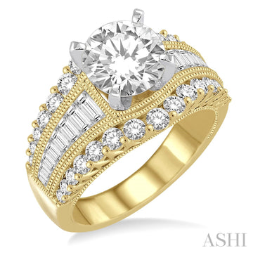 14K Yellow Gold Semi Mount Round Diamonds/Baguettes, 1.45Carat TW